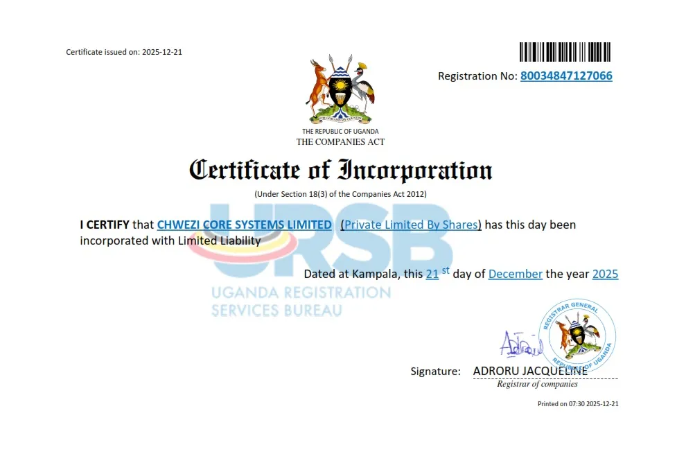 Chwezi Core Systems Limited — Certificate of Incorporation, Uganda Registration Services Bureau