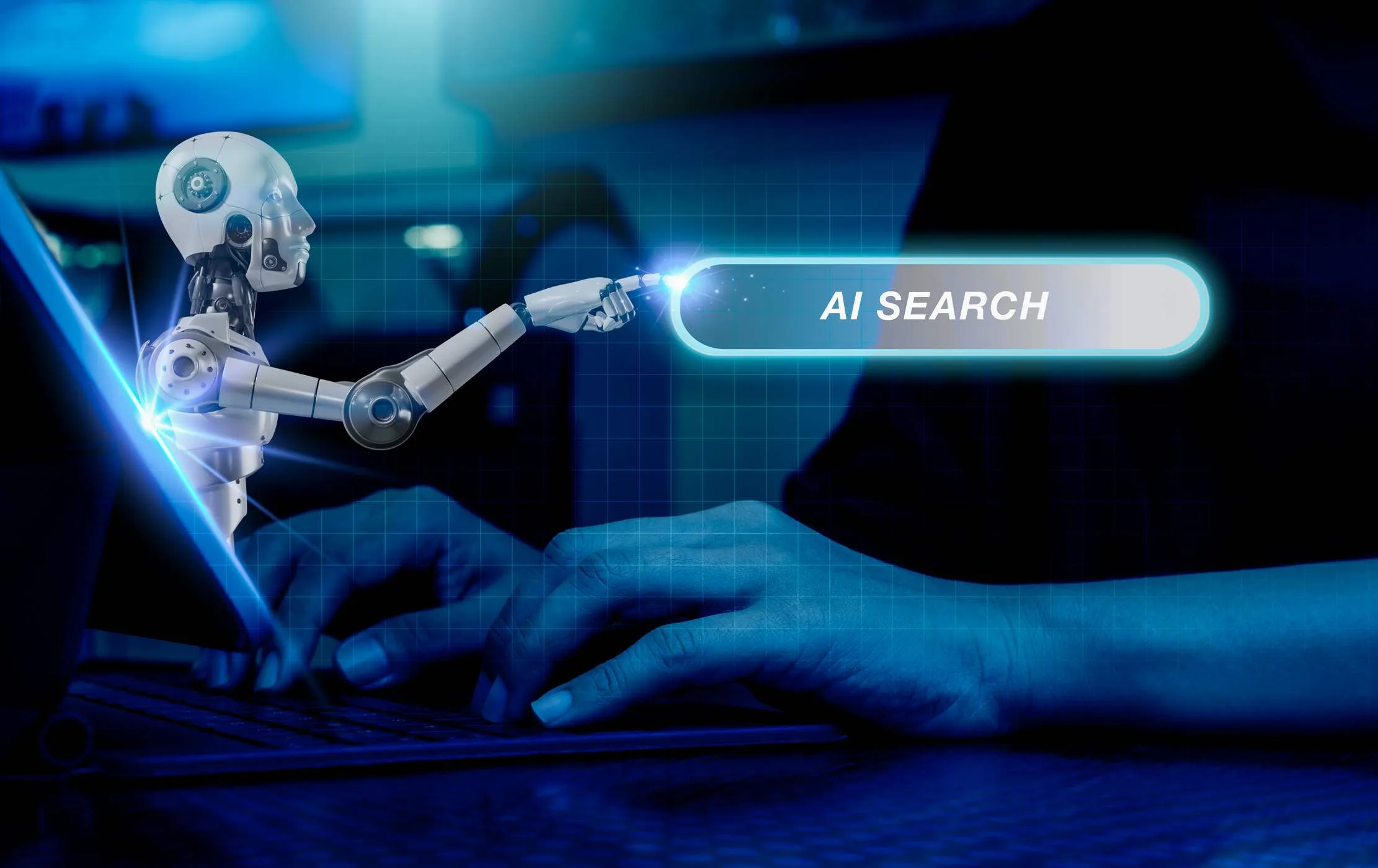 Robot hand interacting with AI search interface representing agentic AI technology