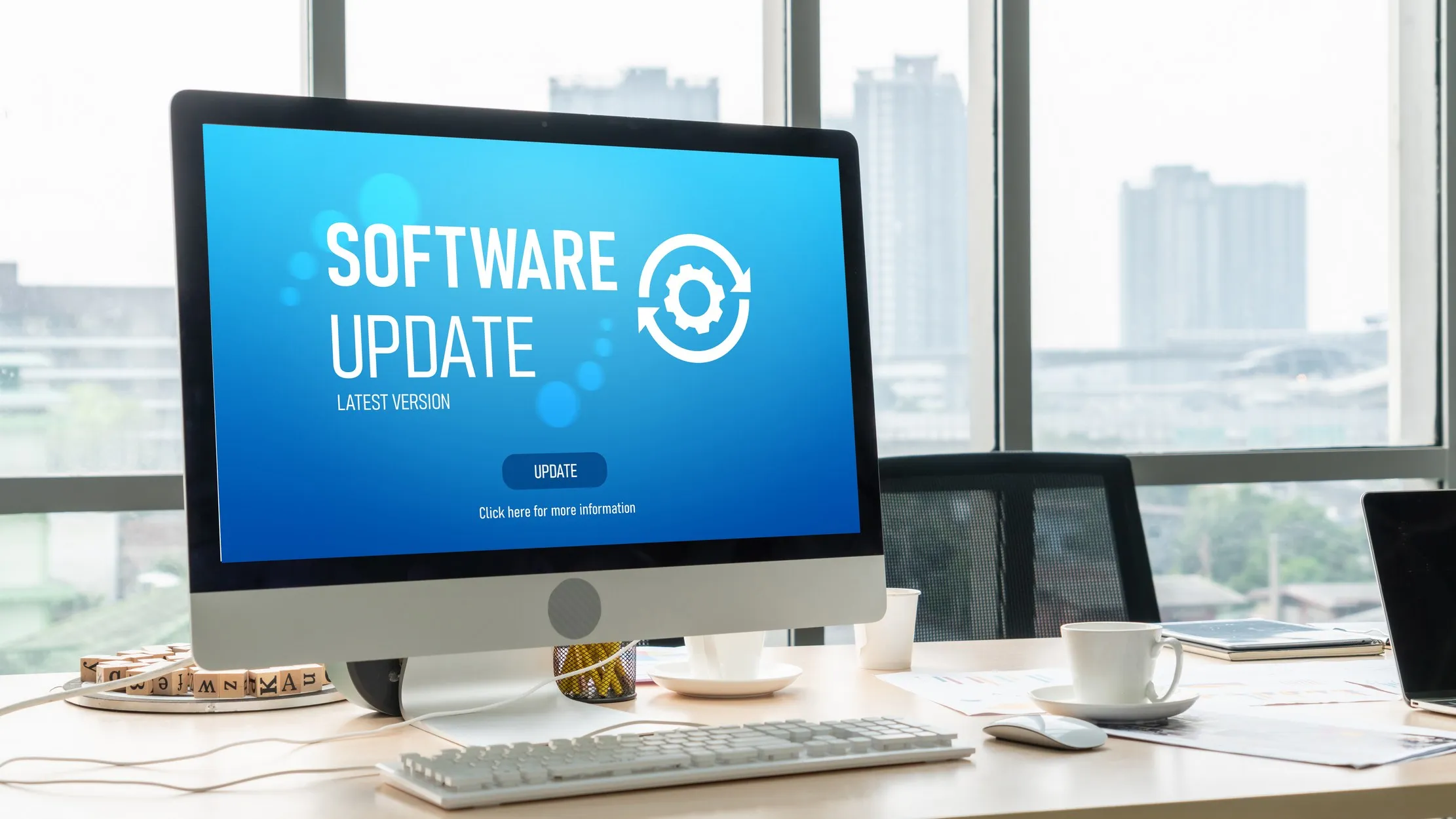 Computer screen displaying a software update prompt, representing an ERP configuration and upgrade decision