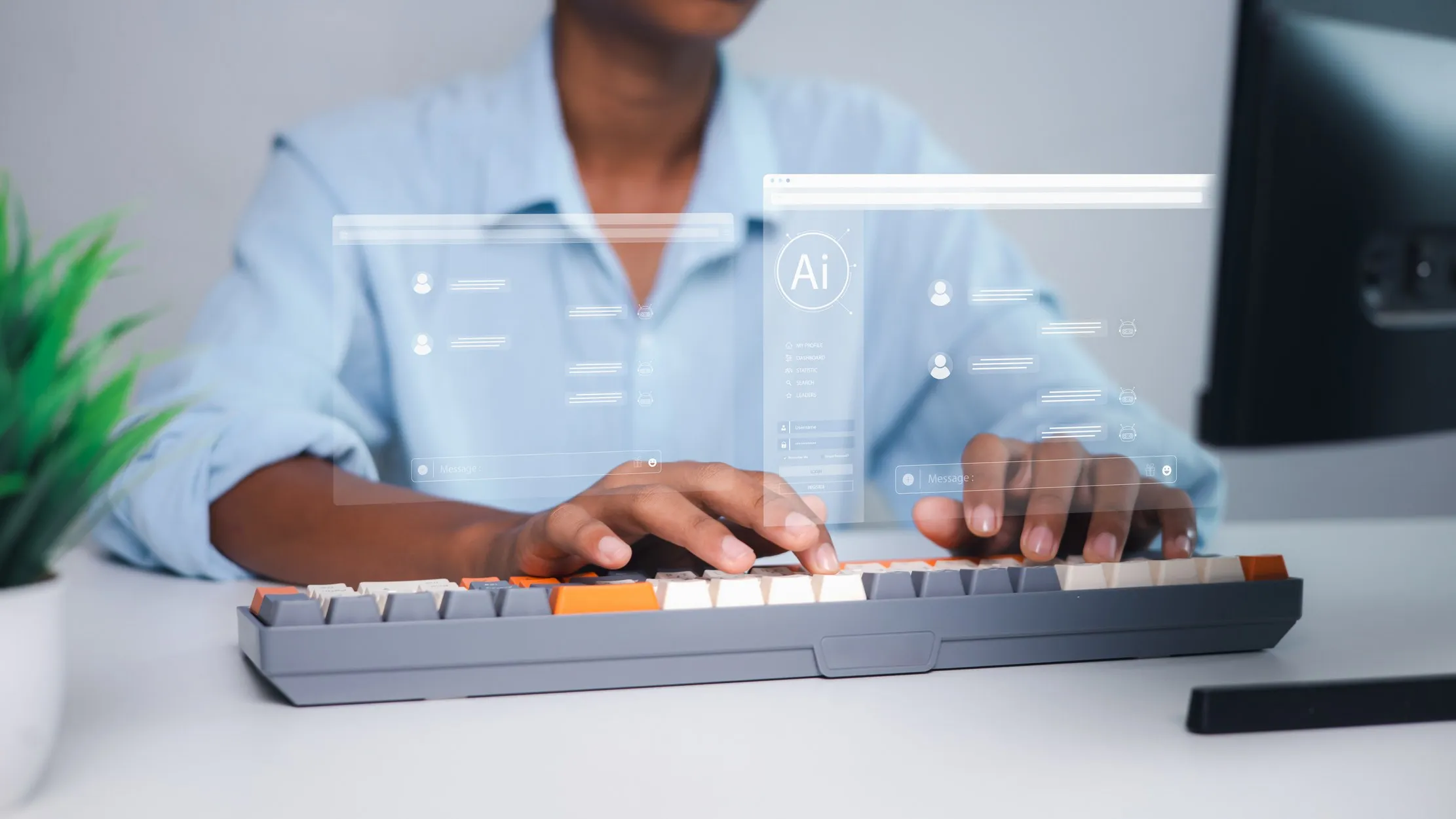Person typing on a keyboard with a virtual interface overlay, representing configuration and workflow interfaces within an ERP