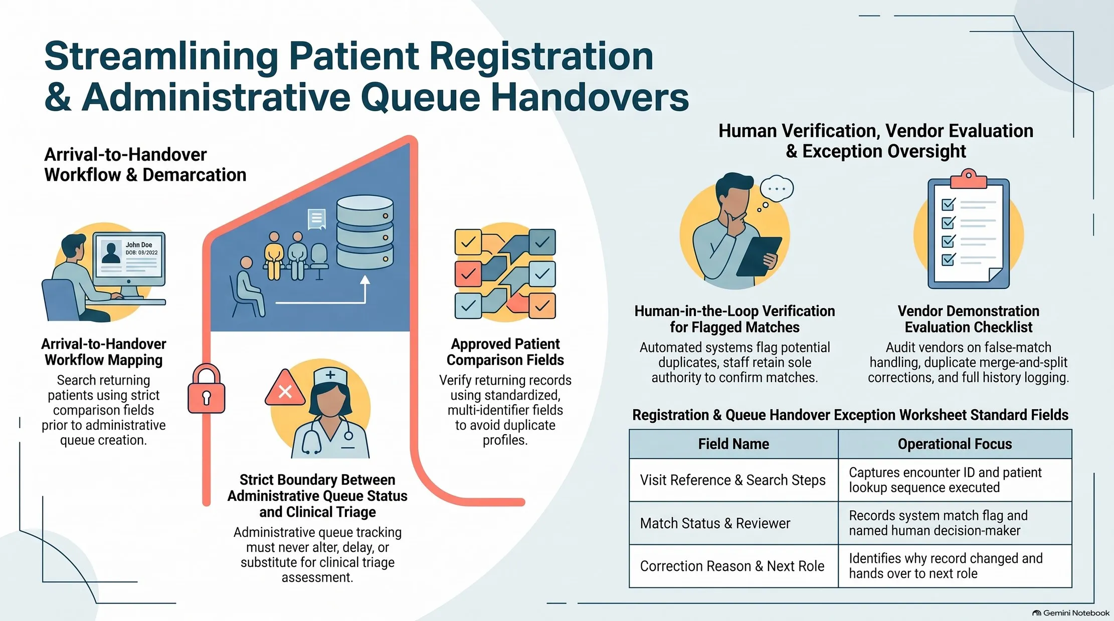 Infographic summarising patient registration and administrative queue handover: workflow mapping, approved comparison fields, human-in-the-loop verification for flagged matches, vendor demonstration checklist, and exception worksheet fields