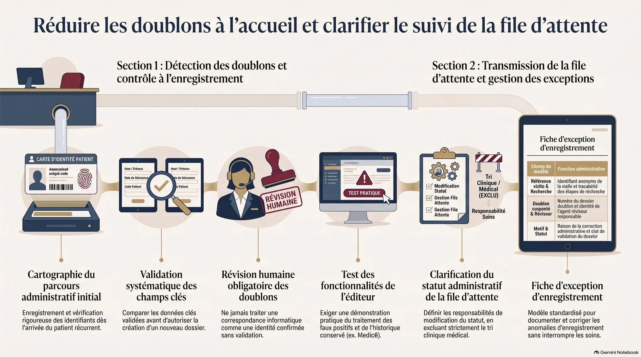 Infographie résumant la réduction des doublons à l'accueil et la transmission de la file d'attente : cartographie du parcours, validation des champs clés, révision humaine obligatoire, test des fonctionnalités et fiche d'exception