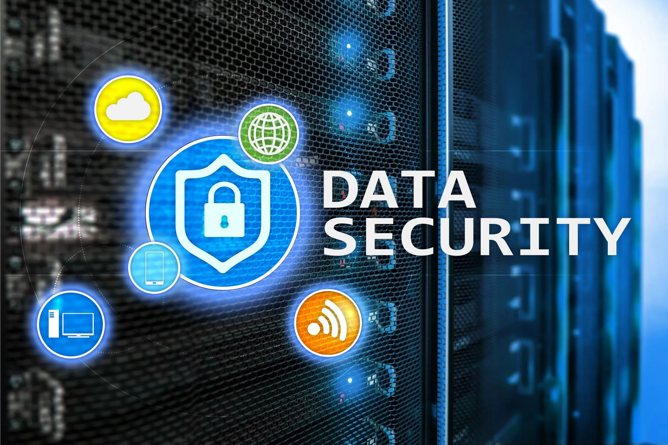 Server room with padlock icons representing protected data