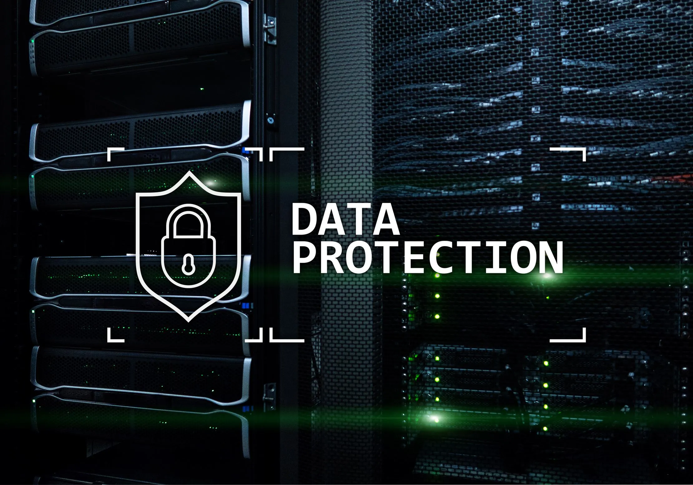 Server room with a digital security overlay
